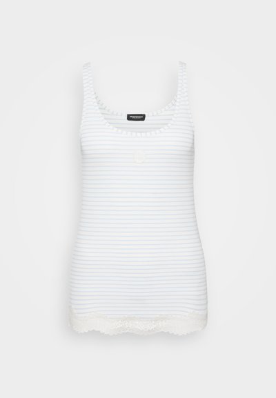 Randig linne i ljusblått och vitt, med rundad halsringning och spetsdetalj i nederkant. Mjuk tyg, utan ytterligare detaljer eller mönster.