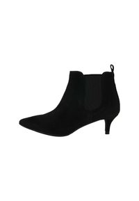 Schwarzer Wildleder-Ankle-Boot mit spitzer Zehenpartie, niedrigem Kitten-Heel, elastischen Seitenpaneelen und einer Zuglasche auf der Rückseite.