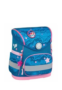 Blue children's backpack featuring a wave pattern, pink accents, a round mermaid badge, reflective strips, and a star-shaped zipper pull.