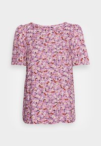 Short-sleeve purple floral blouse with a round neckline, featuring white, yellow, and red flower patterns on soft fabric. Back button closure.