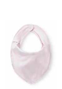 Bavaglino di cotone rosa a forma triangolare, con chiusura a scatto e texture morbida. I bordi sono cuciti per garantire durata.
