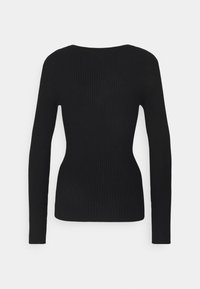 T-shirt noir à manches longues en côte avec un col rond, présentant une silhouette ajustée et une texture lisse. Pas de motifs ni de matériel visible.