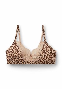 Braletka s leopardím potiskem, krajkovým lemem, nastavitelné ramínka a měkká tkanina. Vybavena hlubokým výstřihem a bezešvým designem.