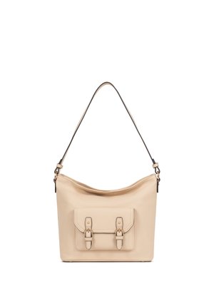 Beige leren schoudertas met een lange band en een voorvak met twee gespsluitingen.