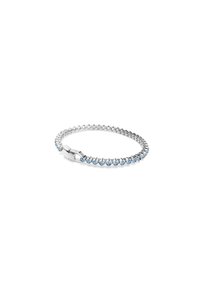 Zapestnica v srebrni barvi, ki vključuje prozorne modre kristale, nastavljene v fleksibilnem dizajnu verige, zaključena z varnim zapiranjem.