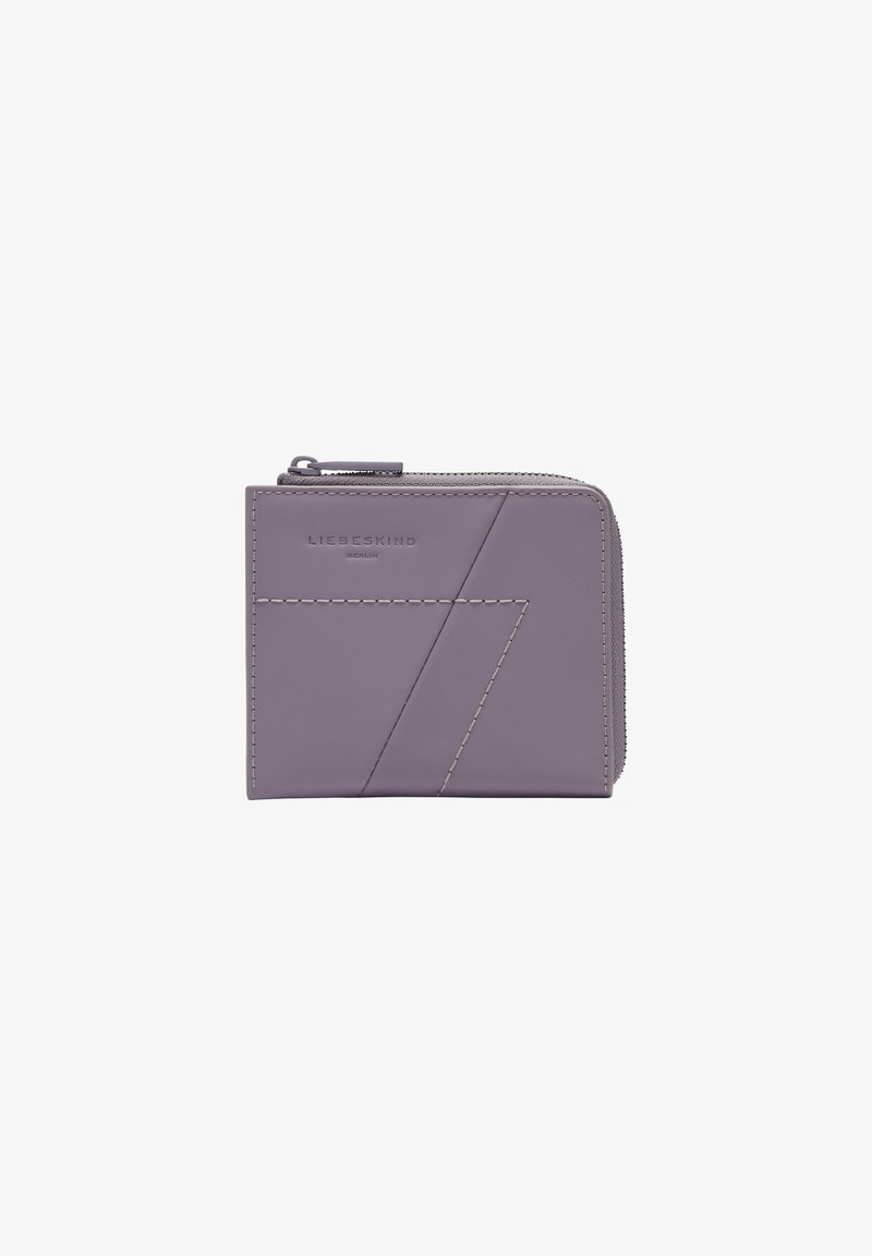 Portefeuille en cuir violet avec couture géométrique, fermeture zippée et logo embossé. Texture lisse et forme rectangulaire compacte.
