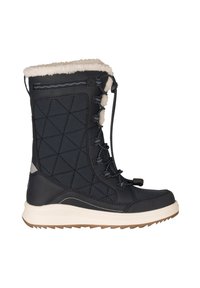Marine quilted vandtæt støvle med pelskant, snørebånd foran, gummibund og en tekstureret sål til greb i vinterforhold.