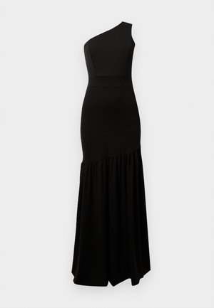 Abito nero a spalla singola realizzato in tessuto liscio. Corpetto aderente che si estende in una gonna fluida e arricciata. Design minimalista con una silhouette elegante.