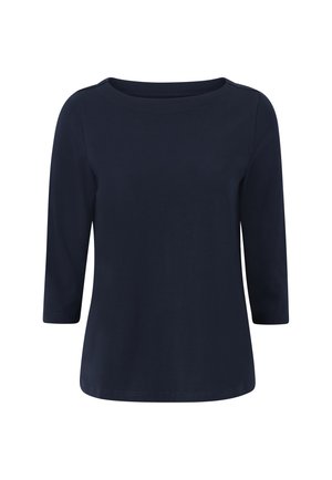 Mørkeblå damebluse med trekvartlange ærmer og rund hals, vist på en hvid baggrund.