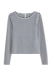 Långärmad topp i mjukt tyg med horisontella marinblå och vita ränder, rundad halsringning och rak passform.