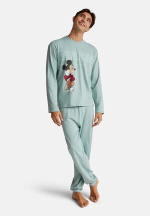 Light teal pajama set in soft fabric, featuring a long-sleeve top with Mickey Mouse graphic and text. Pants have elastic cuffs.