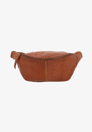 Braune Leder-Gürteltasche mit Frontreißverschluss und verstellbarem Riemen, dargestellt vor einfachem weißem Hintergrund.