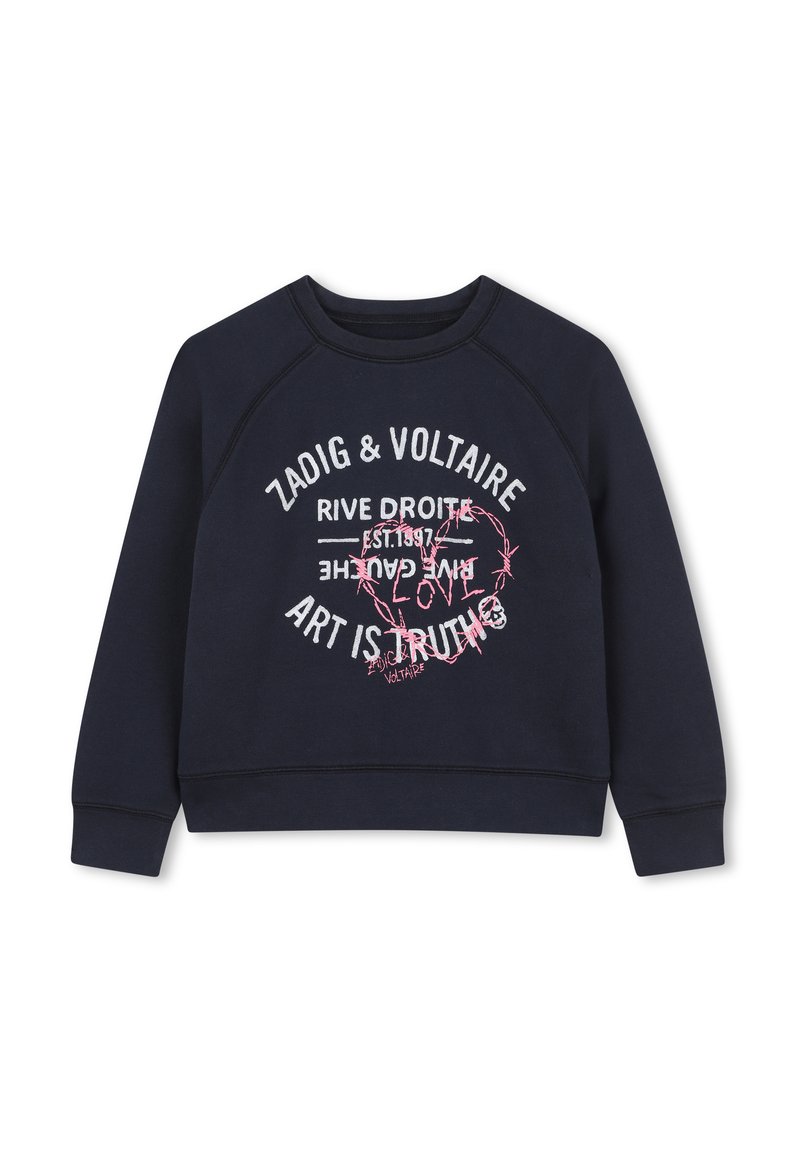 Granatowy sweatshirt z raglanowymi rękawami, z białym i różowym graficznym napisem: "ZADIG & VOLTAIRE," "RIVE DROITE" oraz "ART IS TRUTH." Mieszanka bawełny.