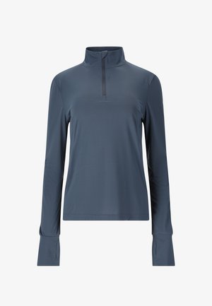 Mørkeblå sportstop med lange ærmer, halvlynlåskat med forlængede manchetter med tommelhuller, vist på hvid baggrund.