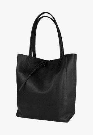 Zwarte lederen schoudertas met een gladde textuur, twee lange hengsels en een trekkoordsluiting. Eenvoudig ontwerp, rechthoekige vorm en geen zichtbare versieringen.