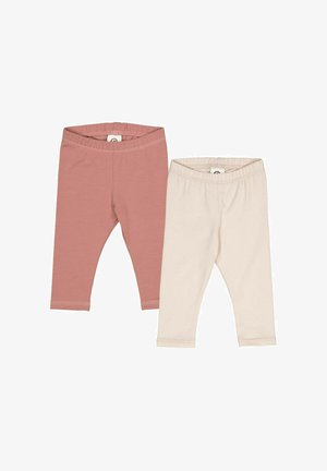 Dvě legíny: jedny v jemně růžové barvě a jedny v krémově béžové, vyrobené z měkké bavlny, se strečovými pasy a šitými lemy.