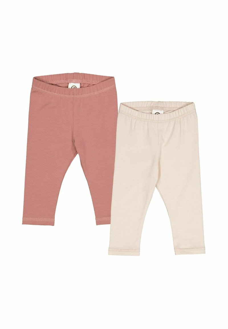 Dvě legíny: jedny v jemně růžové barvě a jedny v krémově béžové, vyrobené z měkké bavlny, se strečovými pasy a šitými lemy.