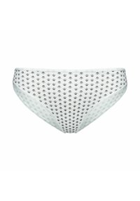 Białe bawełniane majtki typu bikini z powtarzającym się czarnym wzorem kwiatowym, z miękkim elastycznym pasem i gładkim wykończeniem.