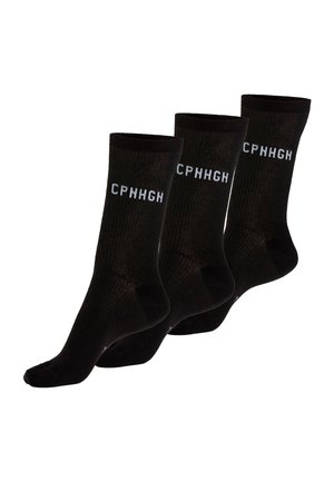 Drei schwarze Socken bis zur Mitte der Waden mit weißem "CPHHGN"-Text, nebeneinander auf weißem Hintergrund angeordnet.
