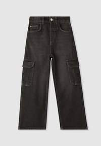 Jeans cargo neri in denim con design a gamba dritta, dotati di sei tasche e cuciture a contrasto.