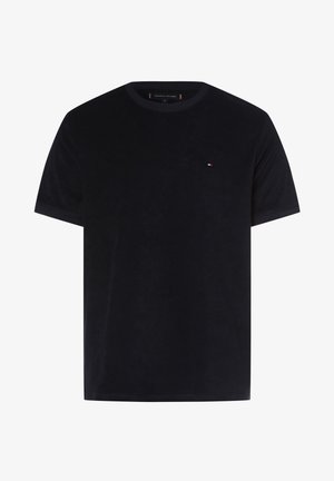 Marineblå T-shirt med kort ærme lavet af et blødt stof, med en rund hals og et lille logo på venstre bryst.