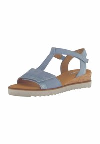 Blaue Leder-Wedge-Sandalen mit T-Riemen-Design, strukturierten Akzenten, offener Zehenpartie und gepolstertem Fußbett. Mit einem gemusterten Kork-Wedge-Absatz.