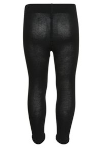 Leggings negros con un acabado liso y texturizado, y una cinturilla elástica, que cuentan con un diseño ajustado que se estrecha en el tobillo.