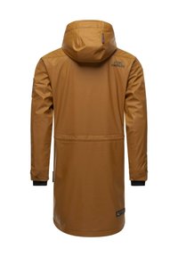 Braune, wasserdichte Jacke mit Kapuze, ausgestattet mit einem Kordelzug, elastischen Bündchen und einem auf der Rückseite bedruckten Logo. Smoother Stoff und mittellanges Design.