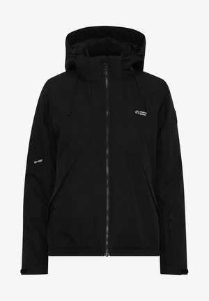 Zwarte waterdichte jas met een capuchon, een ritssluiting aan de voorkant en zijzakken. Het materiaal lijkt glad met een matte afwerking. Logo op de borst en de mouw.