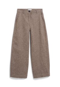 Braune, weit geschnittene Hosen aus strukturiertem Stoff, mit einem Knopfverschluss und Seitentaschen. Sauberes Design mit einer weichen, flauschigen Oberfläche.