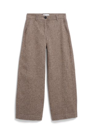 Braune, weit geschnittene Hosen aus strukturiertem Stoff, mit einem Knopfverschluss und Seitentaschen. Sauberes Design mit einer weichen, flauschigen Oberfläche.