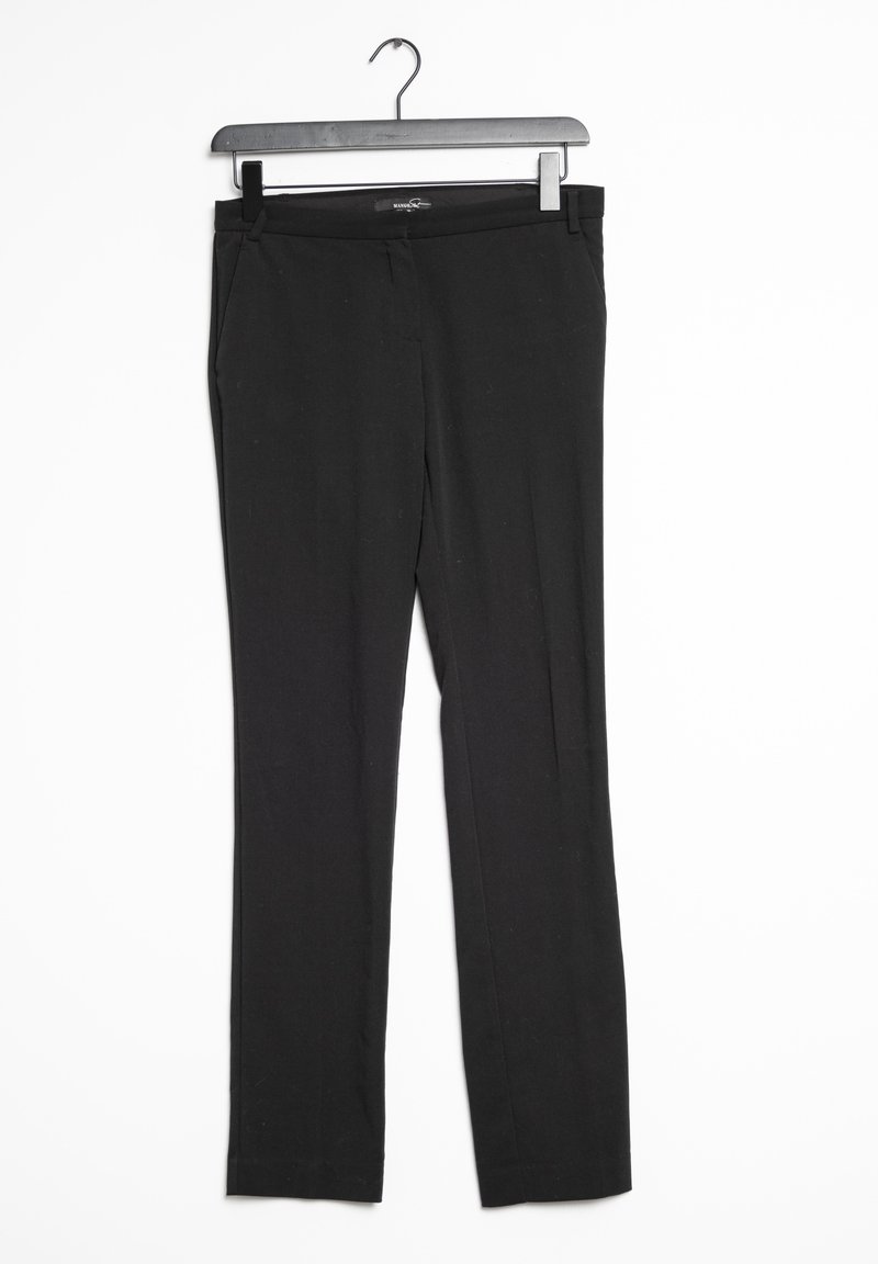 Black, fitted trousers displayed on a hanger. Features a smooth texture, flat front, and no visible patterns or distinctive hardware.