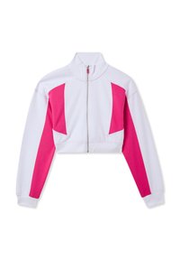 Giacca atletica cropped in bianco con pannelli a blocchi di colore rosa. Presenta un colletto alto e una zip frontale. Realizzata in materiale morbido e elasticizzato.