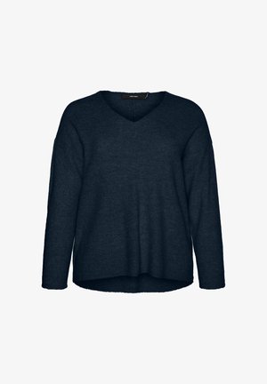 Jūras zilas krāsas V-veida izgriezuma adīts džemperis ar garām piedurknēm, maiga tekstūra un nedaudz pārlieku liels piegriezums. Apaļš apakšmalas un minimālistiski šuvju detaļas.