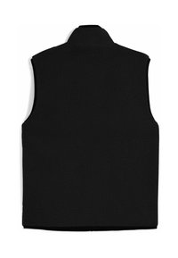 Schwarze Fleece-Weste mit hohem Kragen und ärmellosem Design. Strukturierte Außenseite mit glatter Innenseite. Keine sichtbaren Verschlüsse.