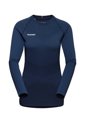 Maglietta a maniche lunghe, blu navy, realizzata in tessuto elasticizzato. Presenta un collo rotondo e il logo bianco "Mammut" sul petto.