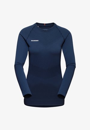 Langærmet, marineblå baselagstop lavet af strækbart stof. Har en rund halsudskæring og hvidt "Mammut" logo på brystet.