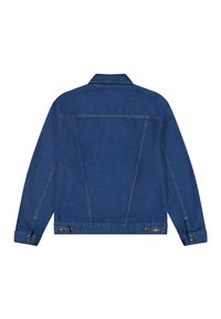 Μπλε τζιν τζάκετ εμφανιζόμενο από πίσω, με μακριά μανίκια, μανσέτες με κουμπιά και ρυθμιζόμενες ζώνες μέσης σε λευκό φόντο.