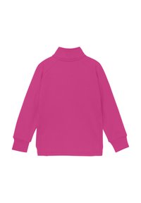 Pull-over ajusté à manches longues de couleur rose vif, avec un col montant, des poignets côtelés et une texture de tissu lisse et extensible.