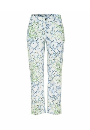 Weiße Cropped-Hose mit blau-grünem Blumenmuster, Knöpfen vorne und Reißverschluss.