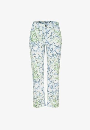 Weiße Cropped-Hose mit blau-grünem Blumenmuster, Knöpfen vorne und Reißverschluss.