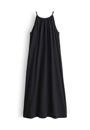 Black sleeveless maxi dress with thin shoulder straps and gathered neckline, flowing loose fit, displayed against white background.