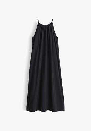 Black sleeveless maxi dress with thin shoulder straps and gathered neckline, flowing loose fit, displayed against white background.