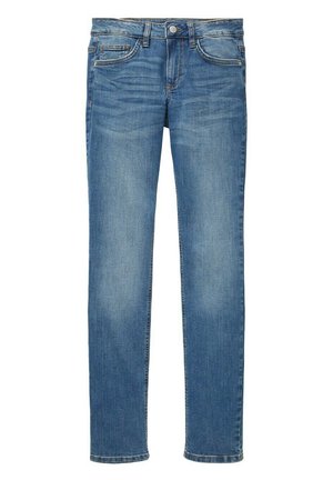 Blauwe slim-fit denim jeans met voorste knoop- en ritssluiting, vijfzakkenontwerp en subtiele vervaagde details op dijen en knieën.