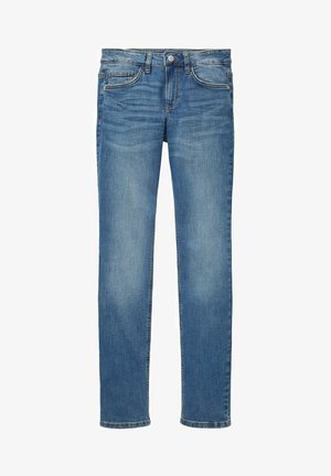 Jean en denim bleu slim fit avec fermeture à boutons et zip à l'avant, design cinq poches et détails subtils délavés sur les cuisses et les genoux.
