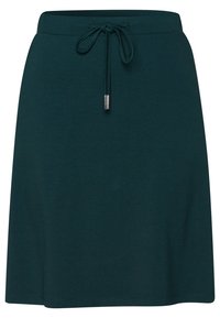 Grüner Jersey-Rock mit einem Tunnelzug am Bund und metallischem Stopper. Schlichtes Design, knielang, weiche Textur und einfarbig.