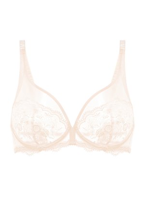 Soutien-gorge en dentelle beige avec des bonnets transparents, des motifs floraux brodés et des réglages au niveau des bretelles ; bords festonnés le long de l'encolure et de la bande.