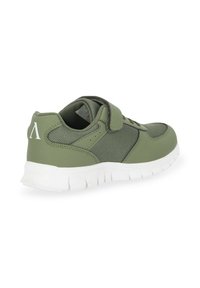 Green athletic shoe with mesh and synthetic upper, white rubber sole, adjustable strap, and textured detailing on the sides.