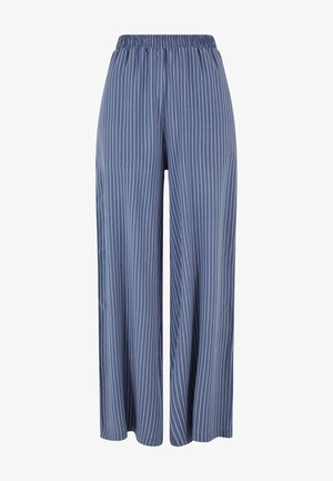 Blue wide-leg pants with white vertical pinstripes and an elastic waistband, displayed against a white background.