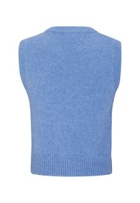 Sanft blauer, gestrickter ärmelloser Pullover-Westen mit geripptem Saum und Halsausschnitt, von hinten auf einem weißen Hintergrund gezeigt.